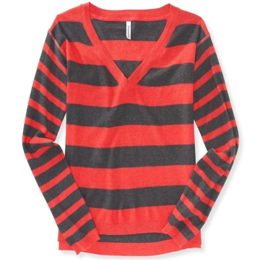 Aeropostale Red Gray Striped V-Neck Pullove Sweater Y2K Preppy Classic Medium